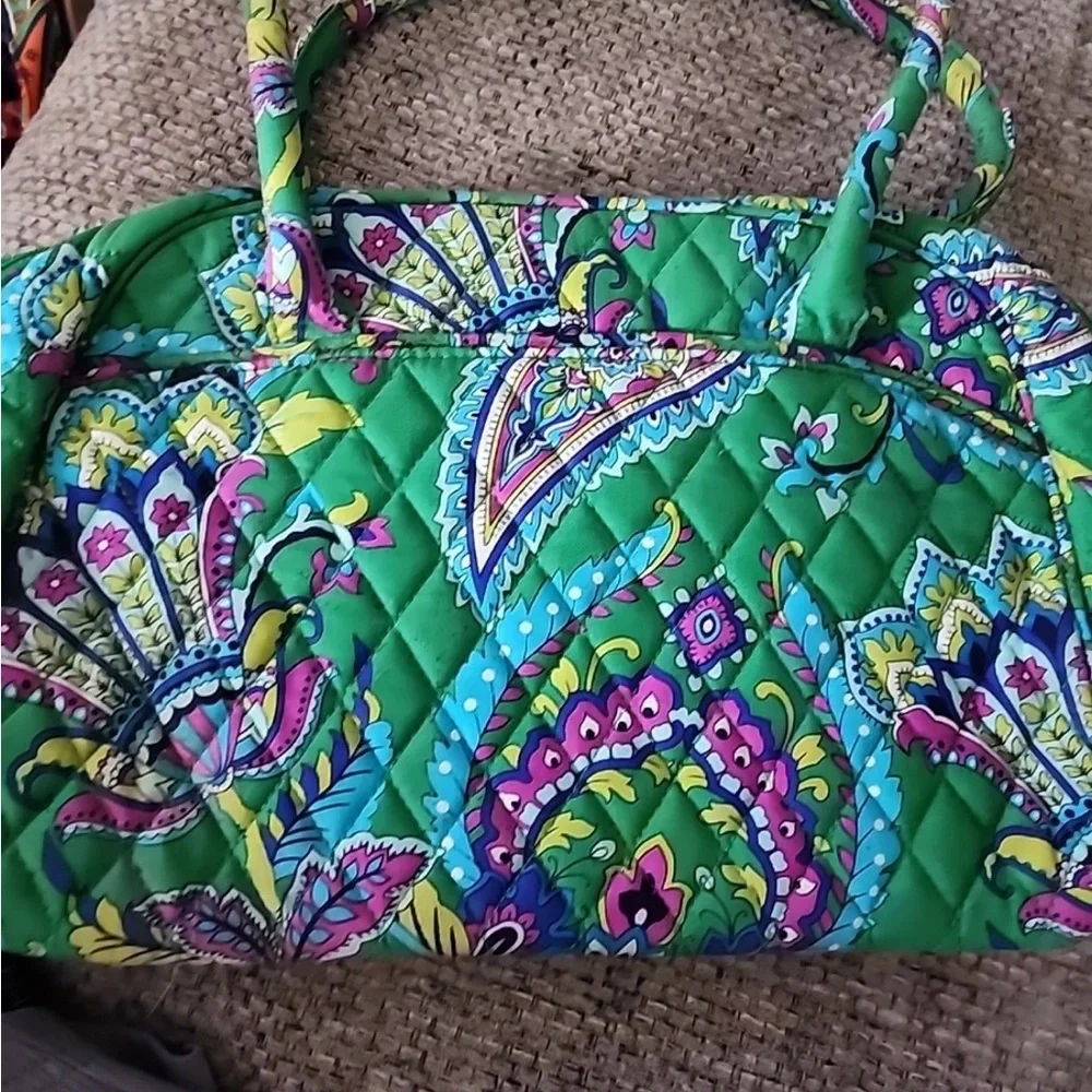 Vera Bradley Emerald Green & Pink Two Handled Satchel Bag With Wallet - Picture 6 of 10